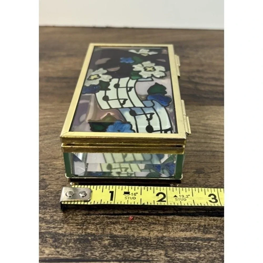 Vtg Joan Baker Designs Stain Glass Musical Note Hand Painted Trinket Box Beveled